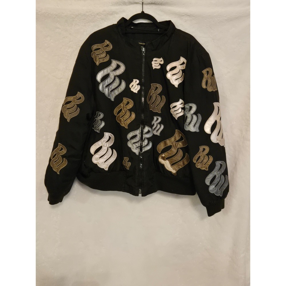 Rocawear Mens 2XL Black Y2K Embroidered Logo Bomber Jacket Streetwear Distressed